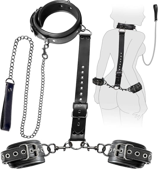 Leather Bondage Neck to Wrist Restraints Set