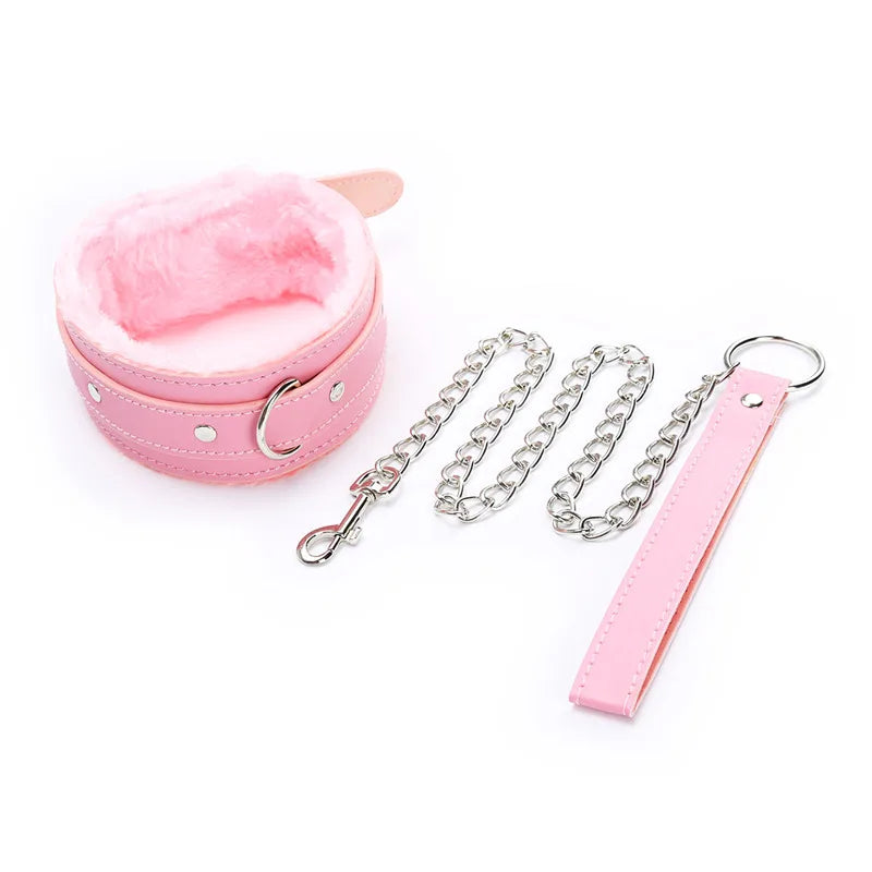 Sexy Pink PU Leather Chain Collar with Leash