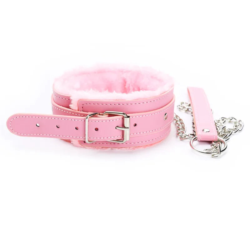 Sexy Pink PU Leather Chain Collar with Leash