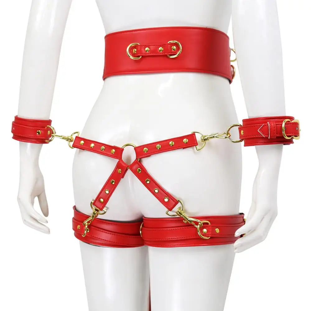 Thierry SM Bondage Set Include Waistband, Wrist & Thigh Cuffs, Cross Buckle