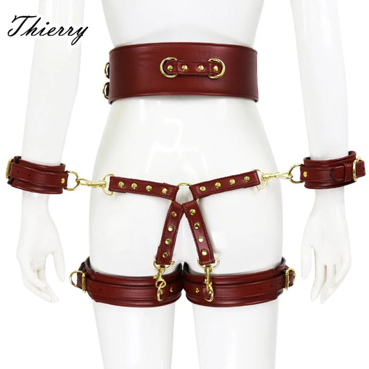 Thierry SM Bondage Set Include Waistband, Wrist & Thigh Cuffs, Cross Buckle