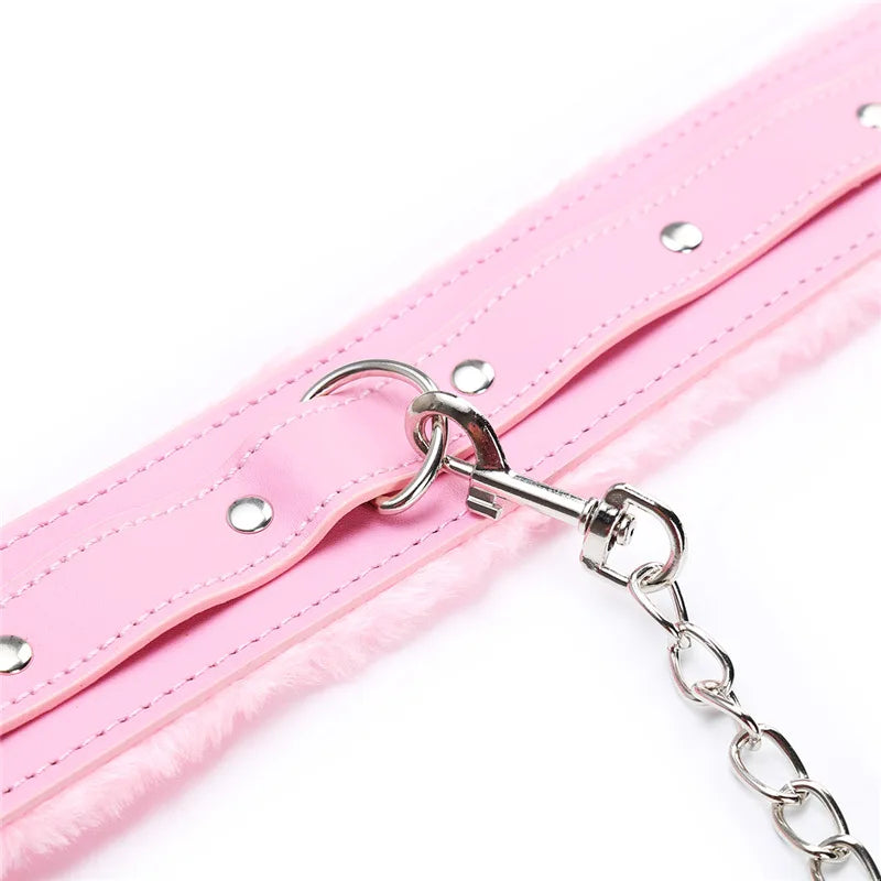 Sexy Pink PU Leather Chain Collar with Leash