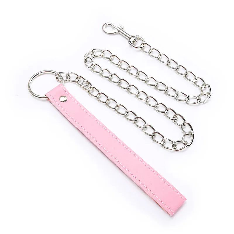 Sexy Pink PU Leather Chain Collar with Leash