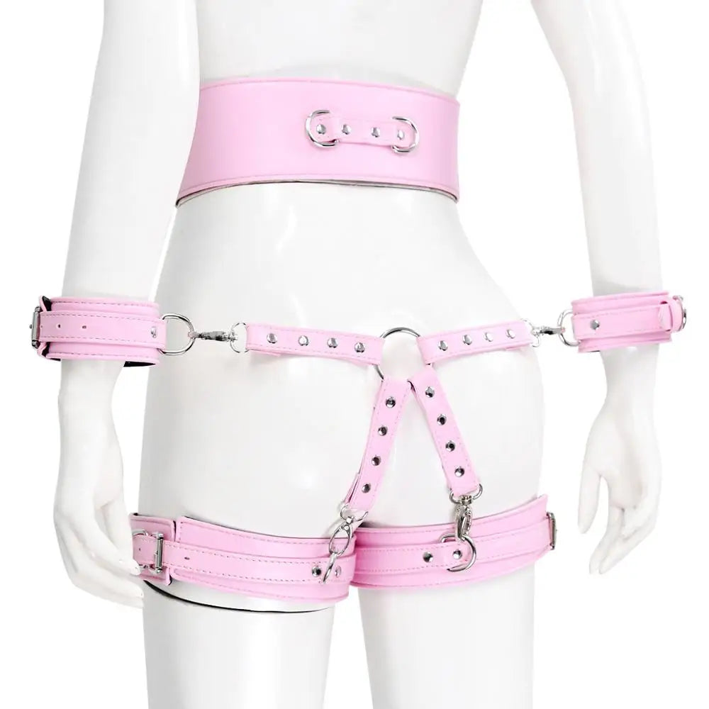 Thierry SM Bondage Set Include Waistband, Wrist & Thigh Cuffs, Cross Buckle