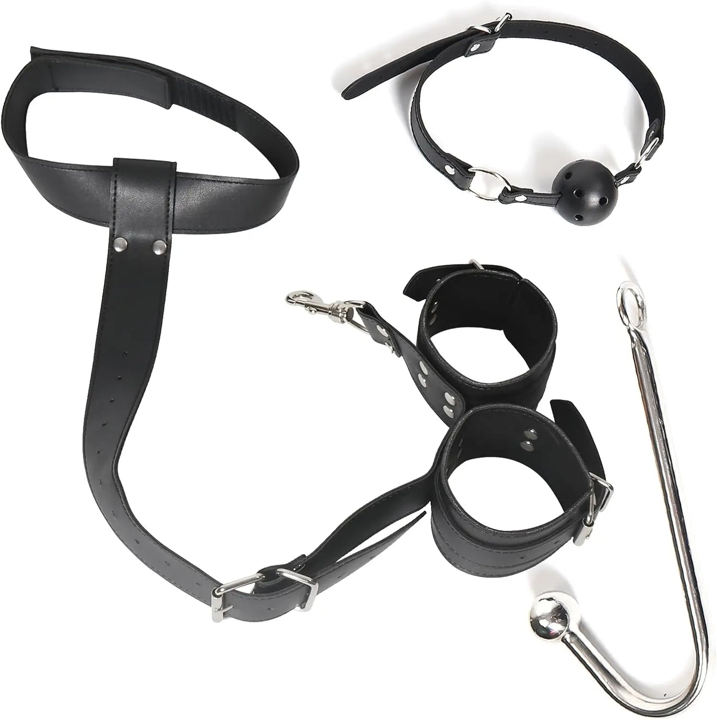 2 in 1 Leather Sex Bondage Set Anal Hook with Ball Gag