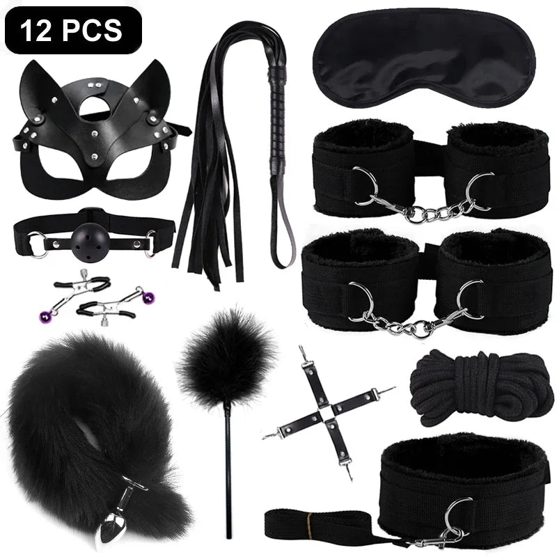 Sexy Leather BDSM Kits Handcuffs Nipple Clamps Whip Spanking Plush