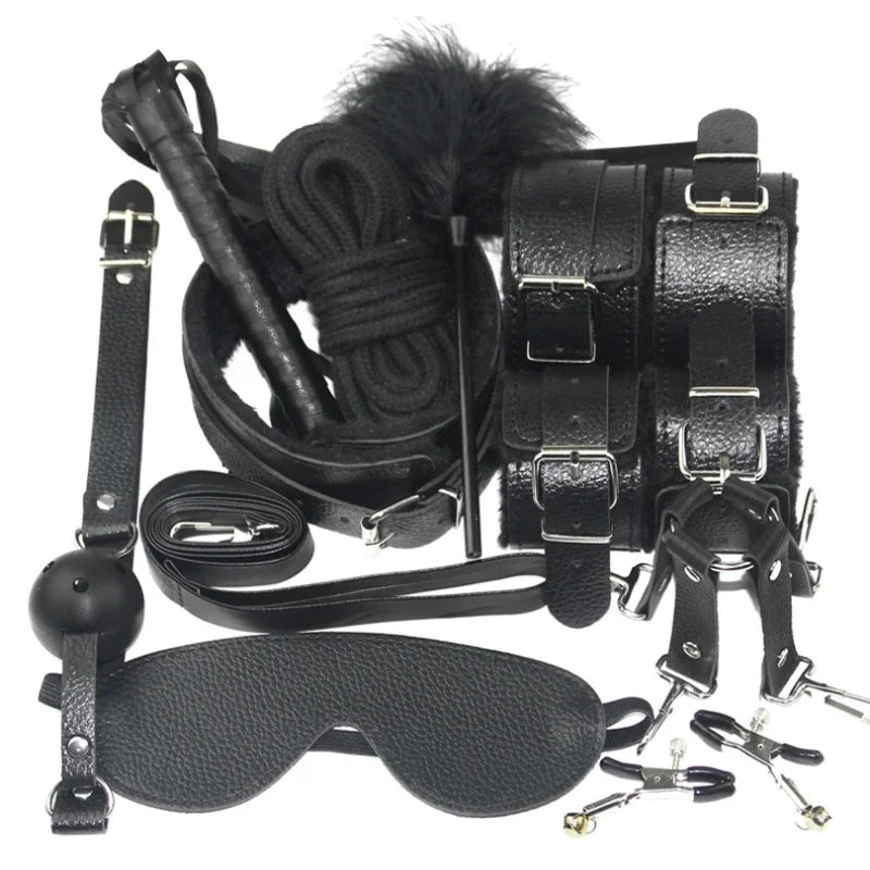 Sexy Leather BDSM Kits Handcuffs Nipple Clamps Whip Spanking Plush