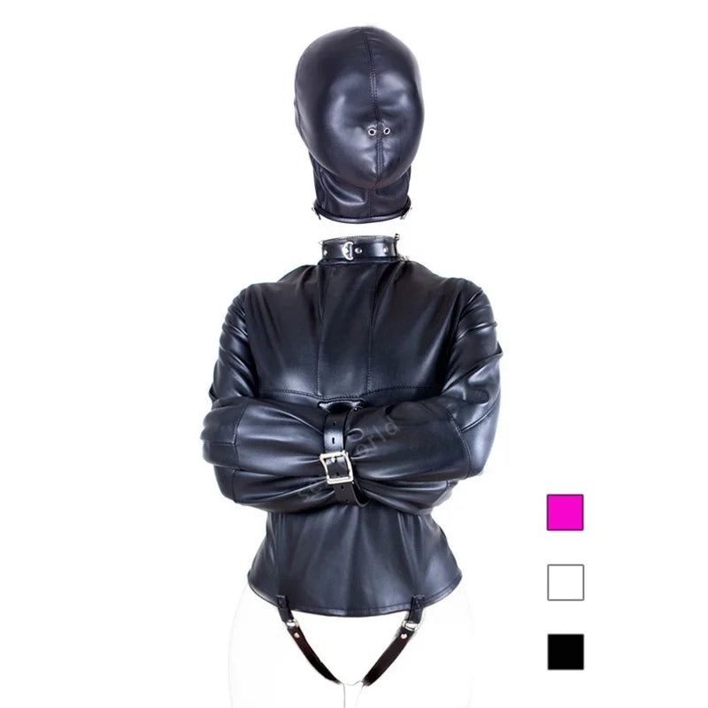 PU Leather Straitjacket Bondage Hood Mask