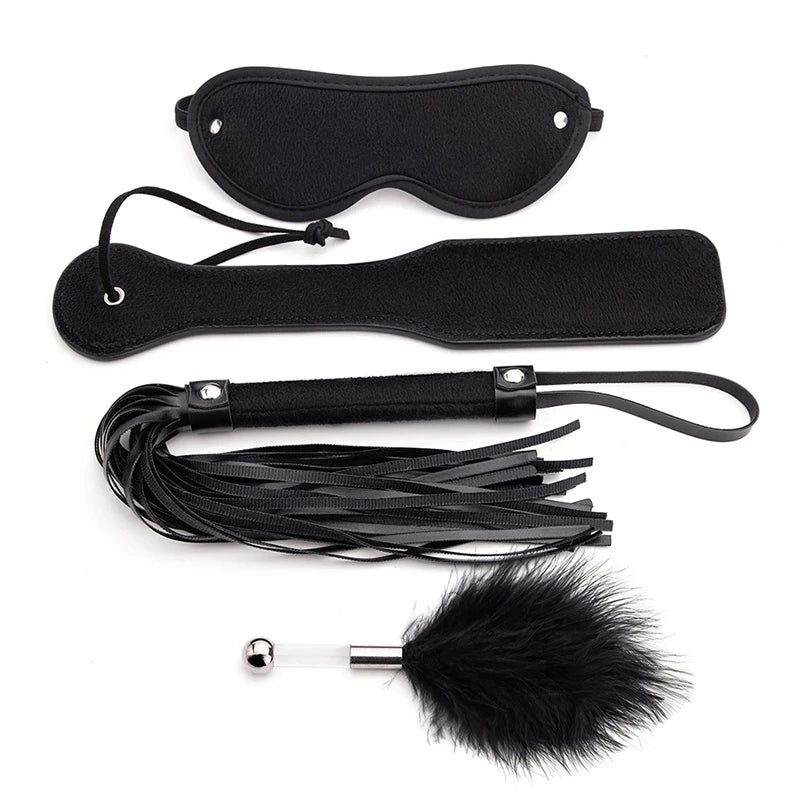 TleMeny 4Pcs Bondage Set BDSM Kits Eye Mask Whip Spanking Paddle Feather