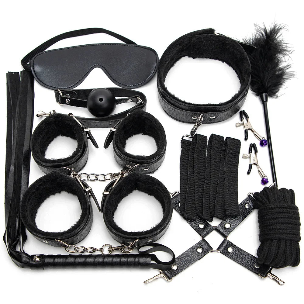 Sexy Leather BDSM Kits Handcuffs Nipple Clamps Whip Spanking Plush