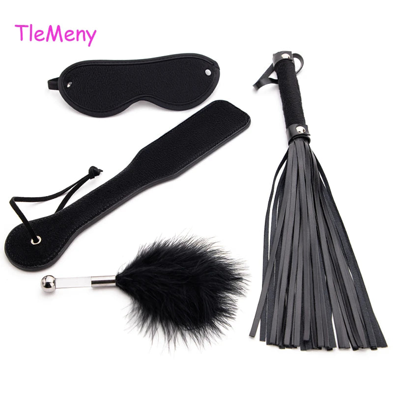 TleMeny 4Pcs Bondage Set BDSM Kits Eye Mask Whip Spanking Paddle Feather