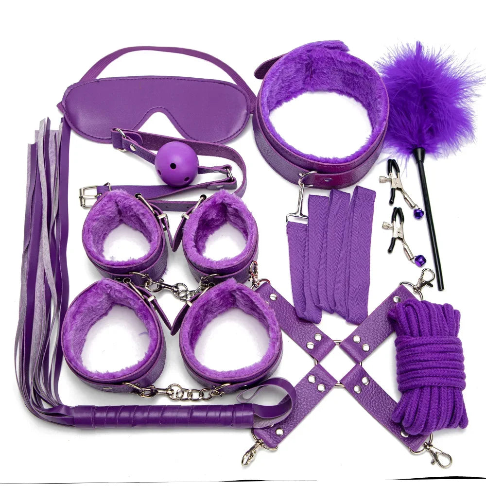 Sexy Leather BDSM Kits Handcuffs Nipple Clamps Whip Spanking Plush