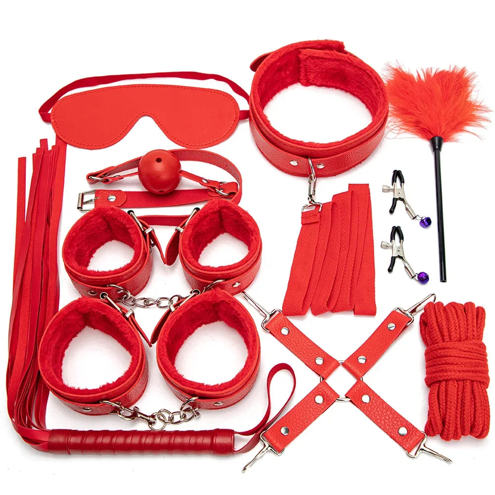 Sexy Leather BDSM Kits Handcuffs Nipple Clamps Whip Spanking Plush