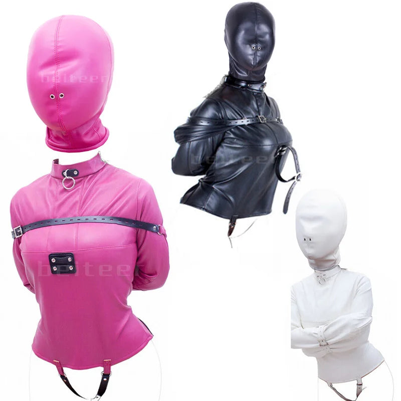 PU Leather Straitjacket Bondage Hood Mask