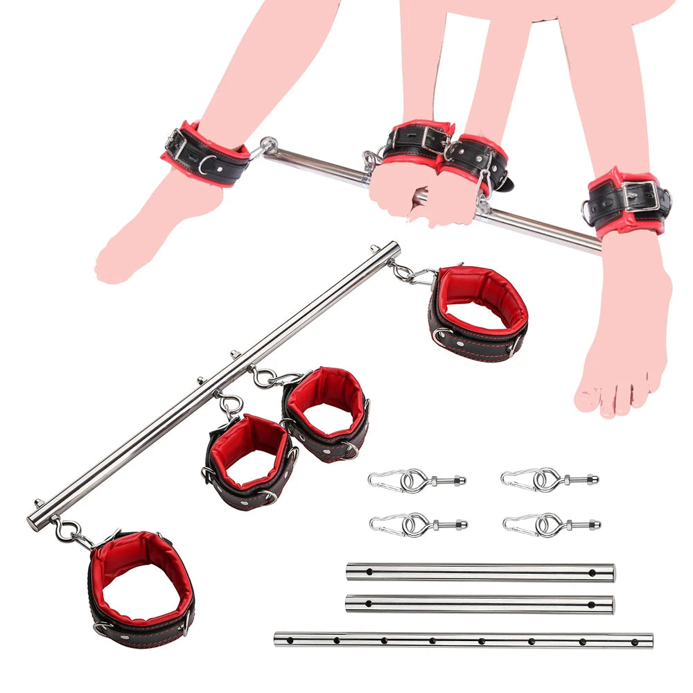 BDSM Bondage Kit Stainless Steel Extendable Spreader  Handcuffs Ankle Cuffs