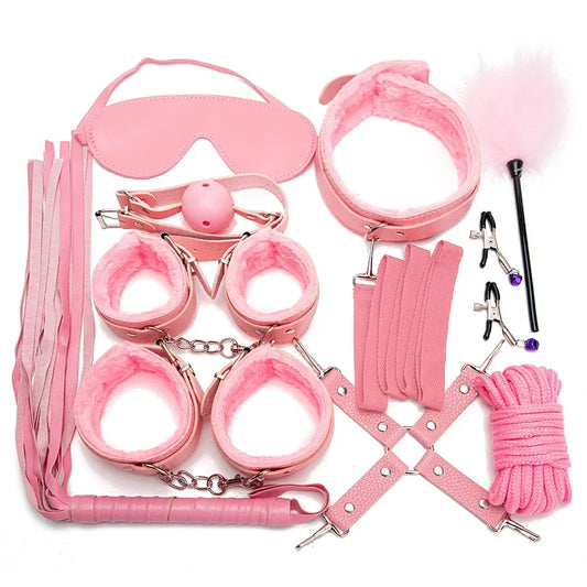 Sexy Leather BDSM Kits Handcuffs Nipple Clamps Whip Spanking Plush