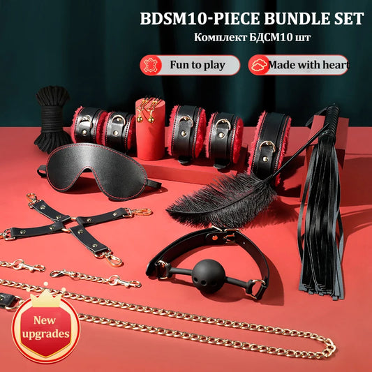 BDSM bondage 10 suit Plush Set Handcuffs Nipple Clips Whip